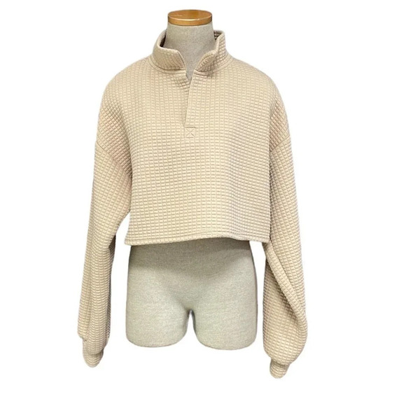 Ever After Cropped Sweater Collar Quilted Tan Size Medium M - Picture 1 of 14